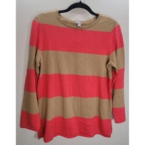 J.Jill Striped Knit Sweater Tan Red Long Sleeve Cotton Cashmere Women's Medium